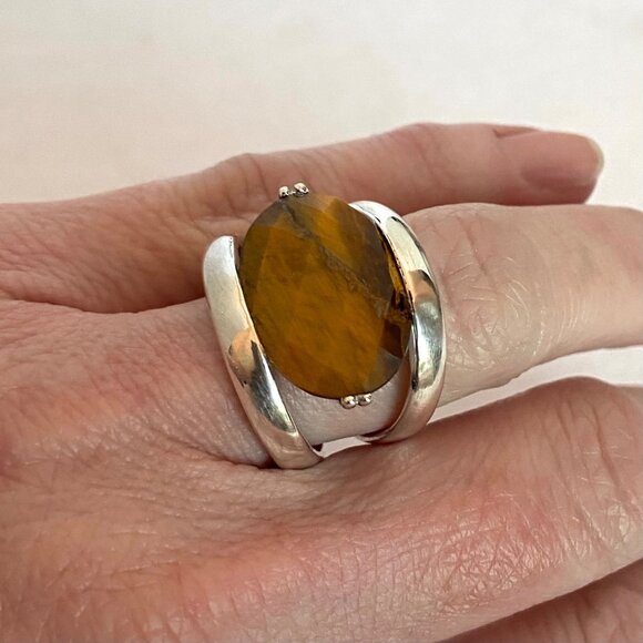 Signed Sterling Silver 925 Faceted Tigers Eye Split Shank Wide Band Ring 6.75 - Picture 2 of 16